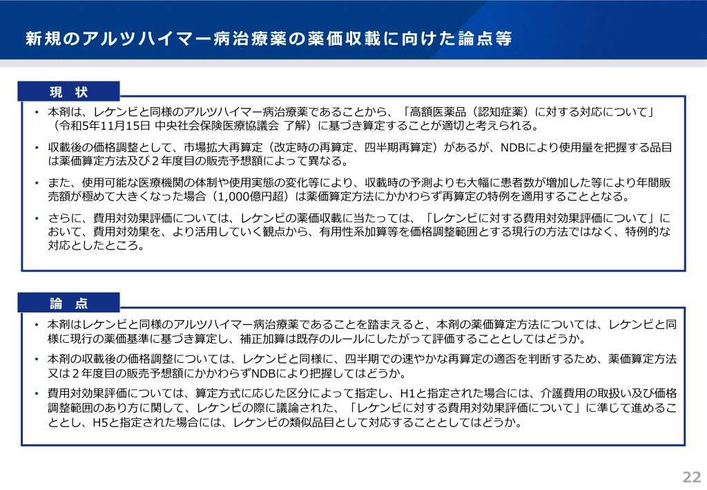 図4 新規のアルツハイマー病治療薬の薬価収載に向けた論点等